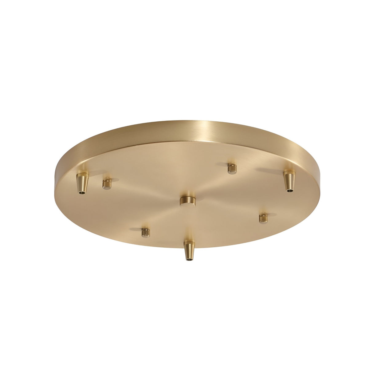 The Nalyra 50cm Round Canopy in natural brass features six evenly spaced attachment points and a central protrusion, making it ideal for mounting multiple light fixtures.