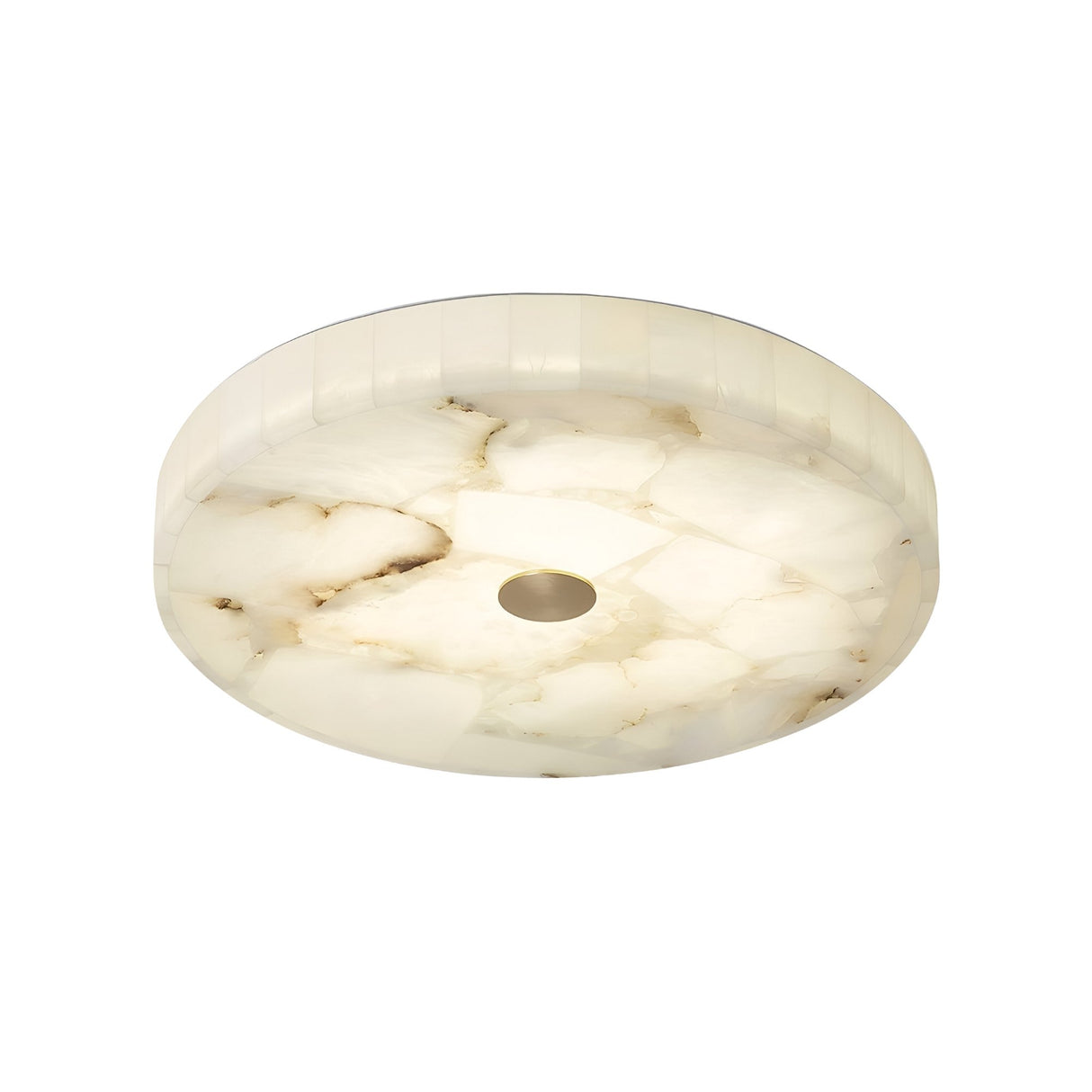 The Veltrix LED Medium Round Alabaster Flush Ceiling Light in soft white and brushed brass features a marble-like alabaster surface with natural patterns and a central accent, shown against a plain white background.