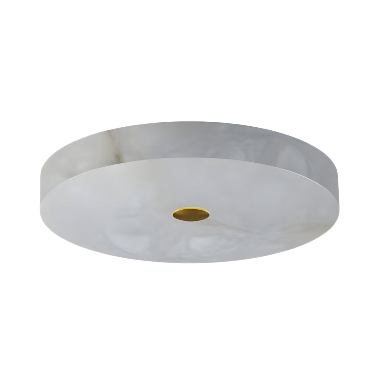 The Aleron LED Medium Round Alabaster Flush Ceiling Light features soft white alabaster with a marbled look and a brushed brass center accent, offering a modern, elegant lighting solution for your ceiling.