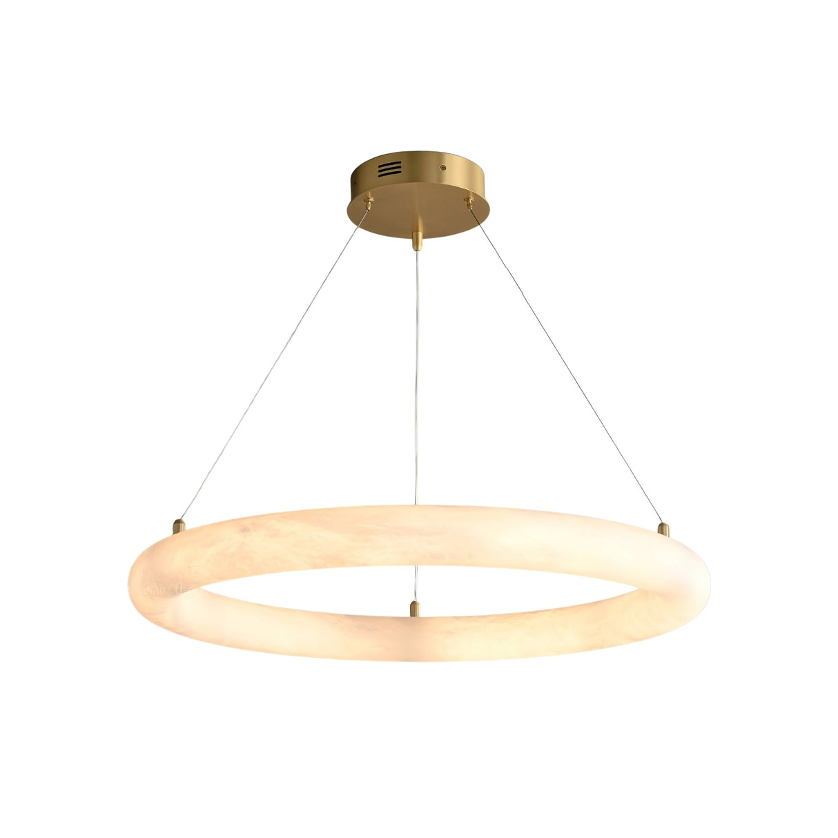The Seraphis LED Small Alabaster Chandelier - Soft White features a glowing frosted Spanish alabaster ring, suspended by three slim wires from a round brushed gold ceiling mount.