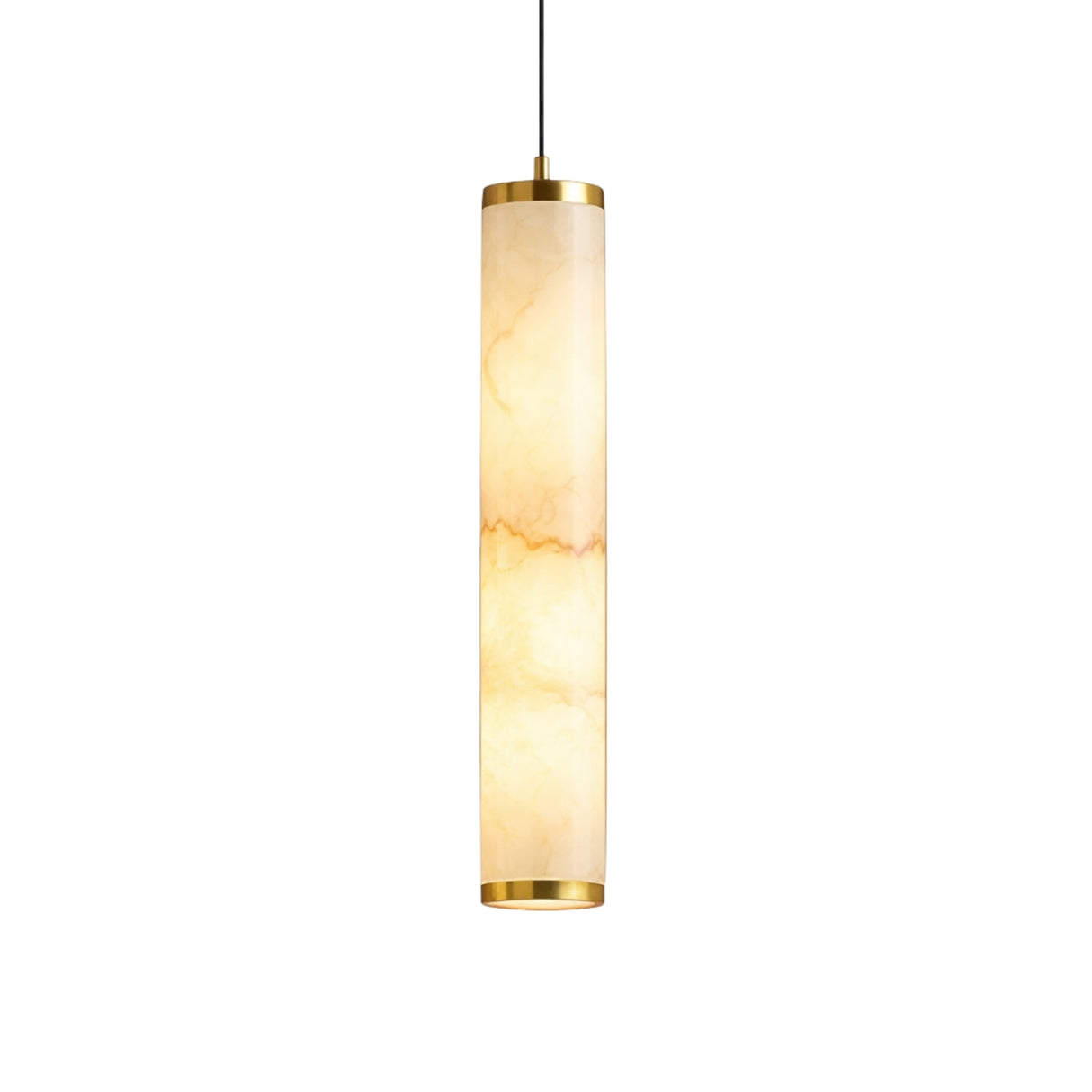 The Oria LED Medium Alabaster Single Pendant Light features a cylindrical soft white alabaster shade with brushed brass accents and is suspended by a thin black cord, creating a warm glow against a white background.
