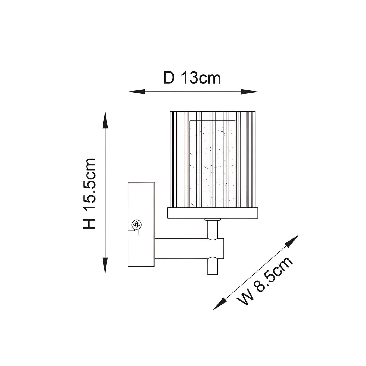 Dimensioned line drawing of the Endon Ashgrove chrome bathroom wall light, showing height 15.5cm, depth 13cm and width 8.5cm.