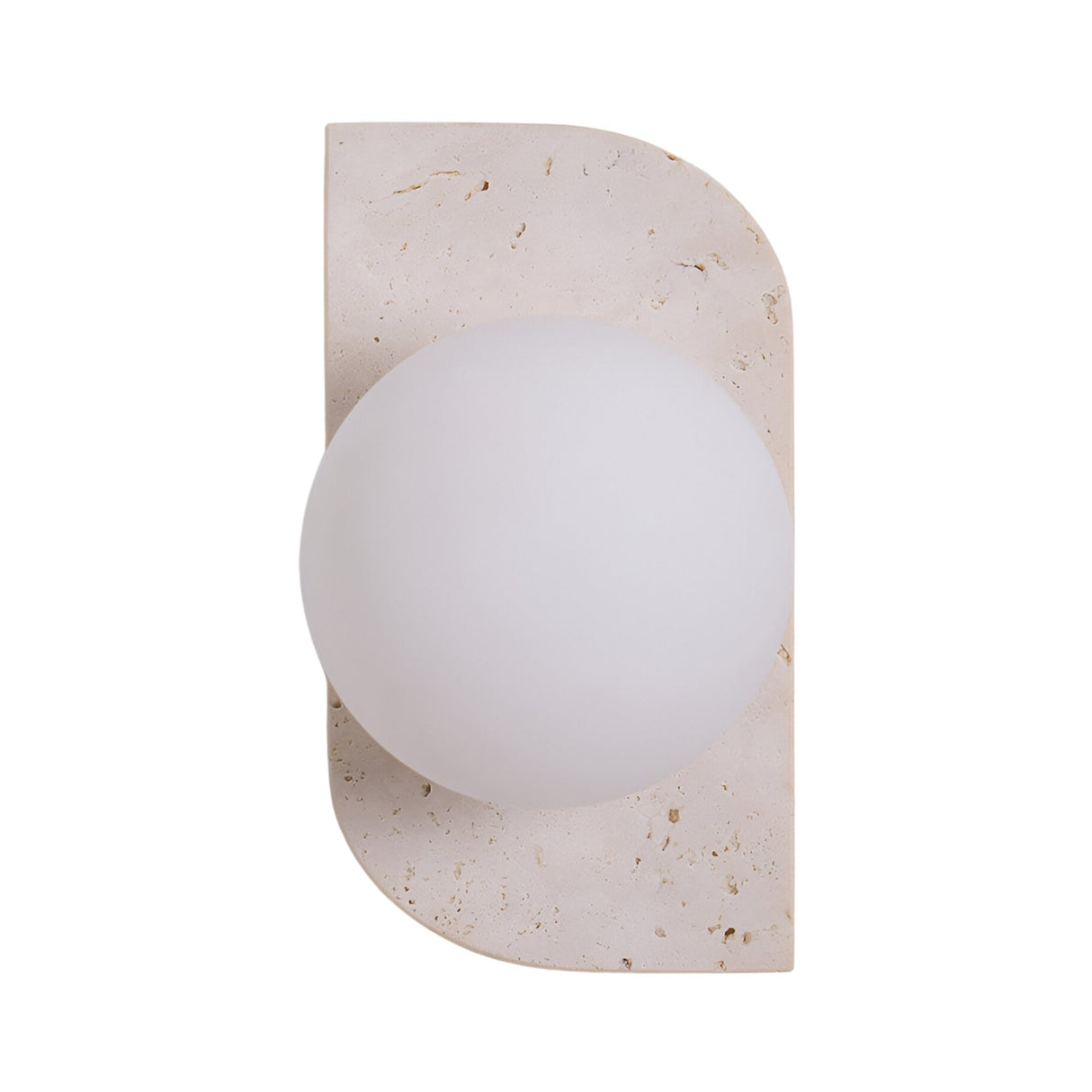 The Virella 1 Light Vertical Travertine Wall Light in light beige features a rounded white glass globe on a speckled rectangular base with a curved corner, offering minimalist design and soft ambient lighting.