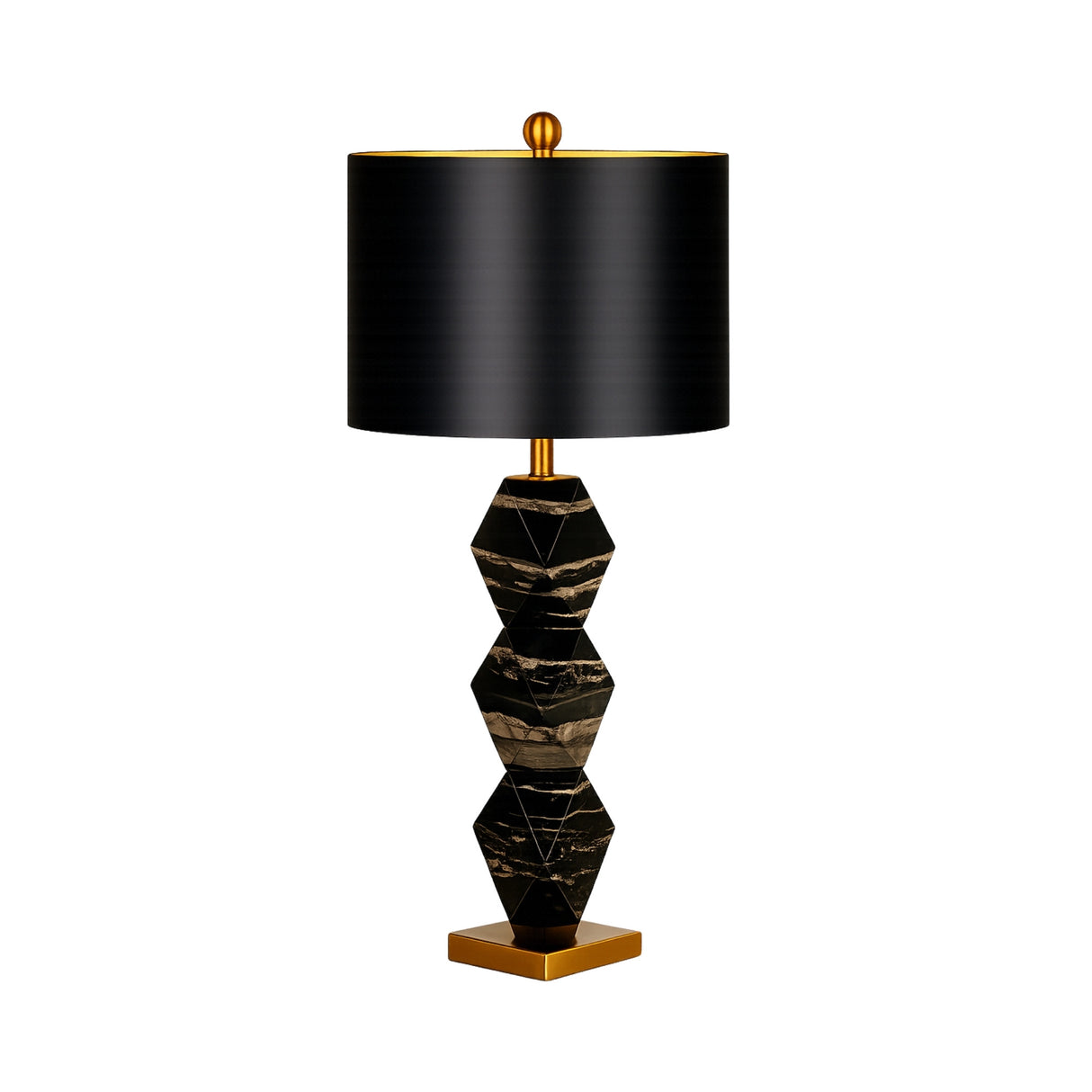 The Zerava 1 Light Faceted Marble Table Lamp features a geometric black and gold marble base, a large cylindrical black shade, and sculptural brass accents for a modern touch.