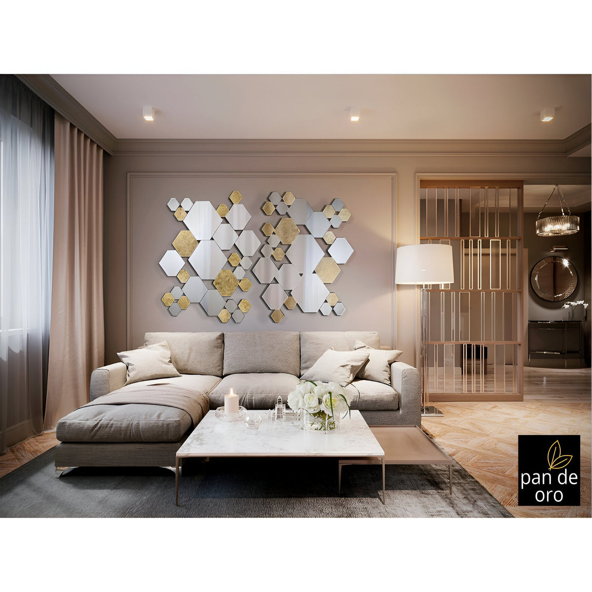 Nadia Rectangle Hexagonal Cluster Wall Mirror Gold - 121x92cm