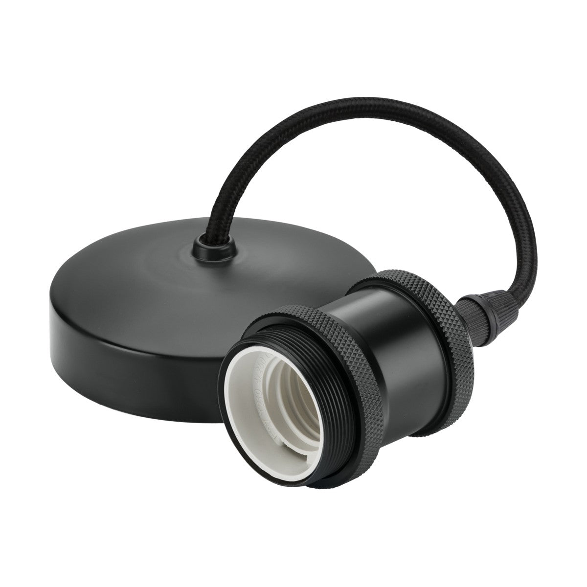 The 6" ES Vintage Pendant Set - Anthracite boasts a vintage style with a round ceiling mount and an adjustable fabric-covered cord attached to a metal lamp holder. It features an E27 lamp base with a screw thread for securing a light bulb.