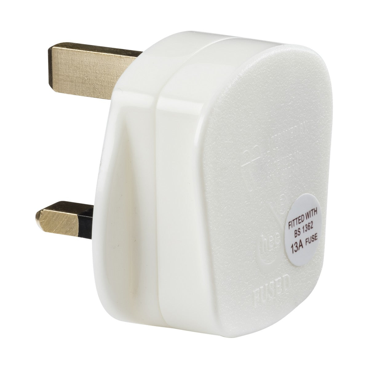 A close-up of the "13A Rough Use Plug Top (Quick Fix) - White," featuring a white electrical plug adapter with three rectangular prongs, quality assured with the BSI Kitemark. It includes a sticker indicating it is fitted with a BS 1362 13A fuse and complies with the IP20 rating standard, showcasing a design typical of UK-style outlets.