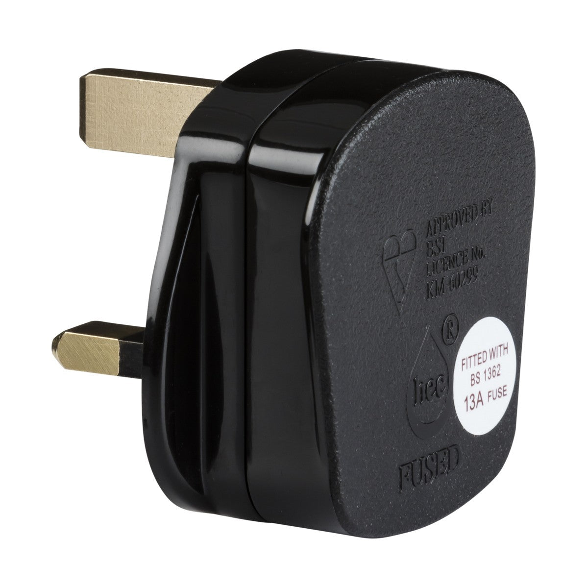 The 13A Rough Use Plug Top (Quick Fix) in black, certified to BS 1363-2 standards, has a label confirming it's fitted with a 13A fuse and sports a sleek, rounded design with visible metal pins.