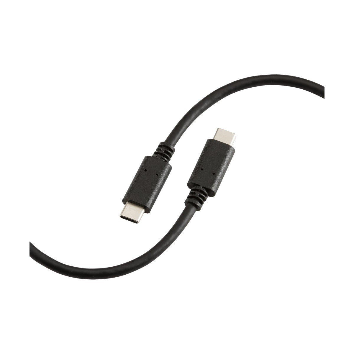 The 1.5m 60W USB-C To USB-A Cable - Black is elegantly coiled in a gentle curve against a plain white background, highlighting its 5Gbps transfer rate capability with connectors at both ends.