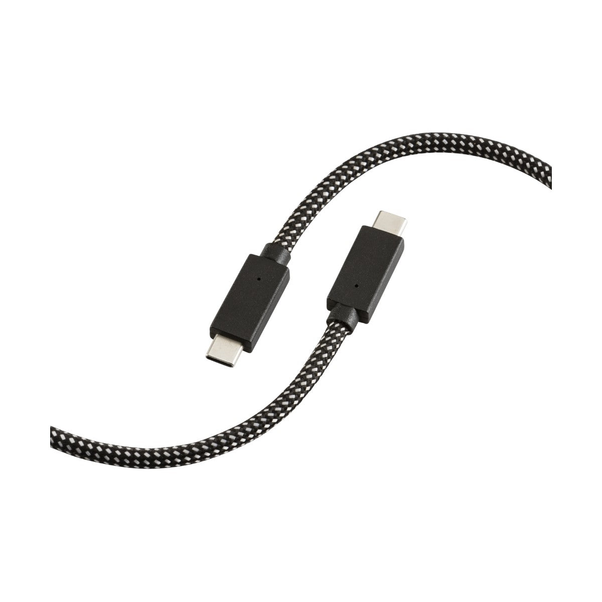 A black and white braided 1.5m USB-C to USB-C cable, with both connectors clearly visible against a white background, is slightly curved to highlight its durable design. This modern cable supports a 100W USB-PD charge, transfers data at up to 10Gbps, and can handle HD video transmission.