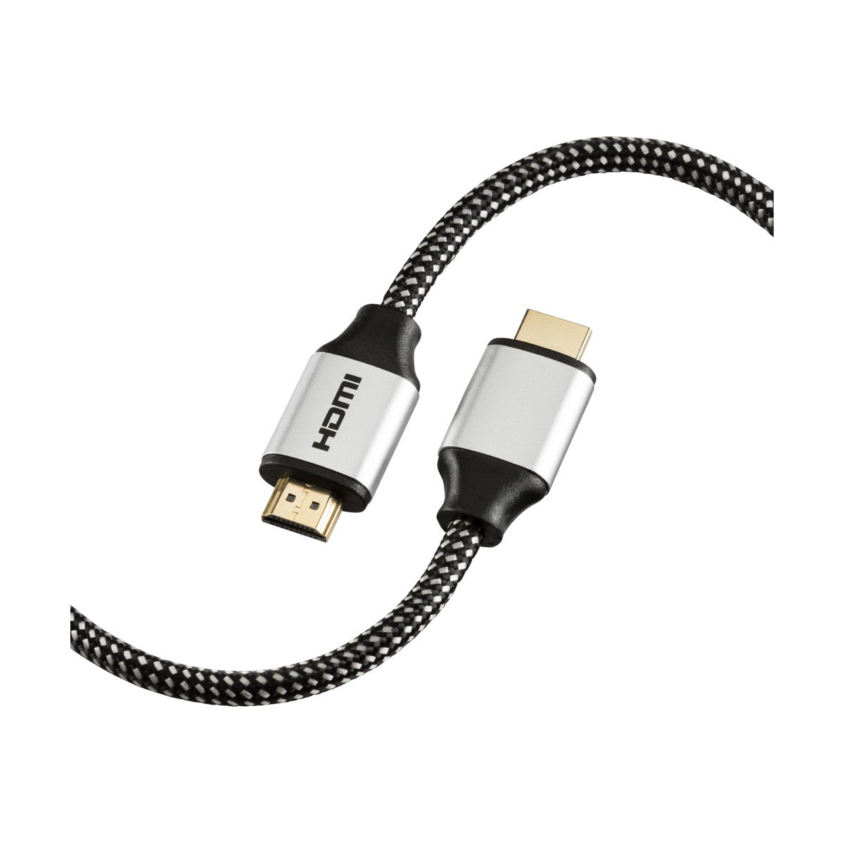 Introducing the 2m 8K Ultra High Speed HDMI Cable: a braided cable featuring HDMI 2.1 certification, metal connectors, and a gold-plated tip. It supports an impressive 8K at 60Hz and boasts a distinctive black design adorned with white speckles, artistically coiled in an S-shape against a crisp white background.