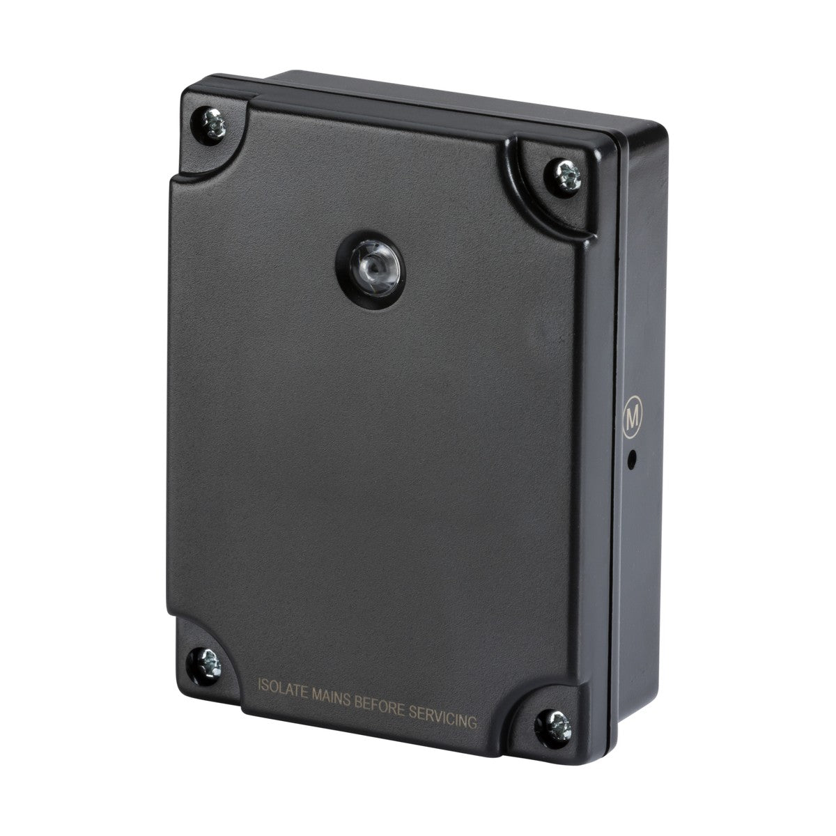 An IP55 Photocell Switch - Wall Mountable (Black) with a glossy rectangular design, secured by four corner screws, features a small transparent circular component in the center for the photocell timer. The bottom edge is embossed with the text "ISOLATE MAINS BEFORE SERVICING," making it suitable for outdoor lighting applications.