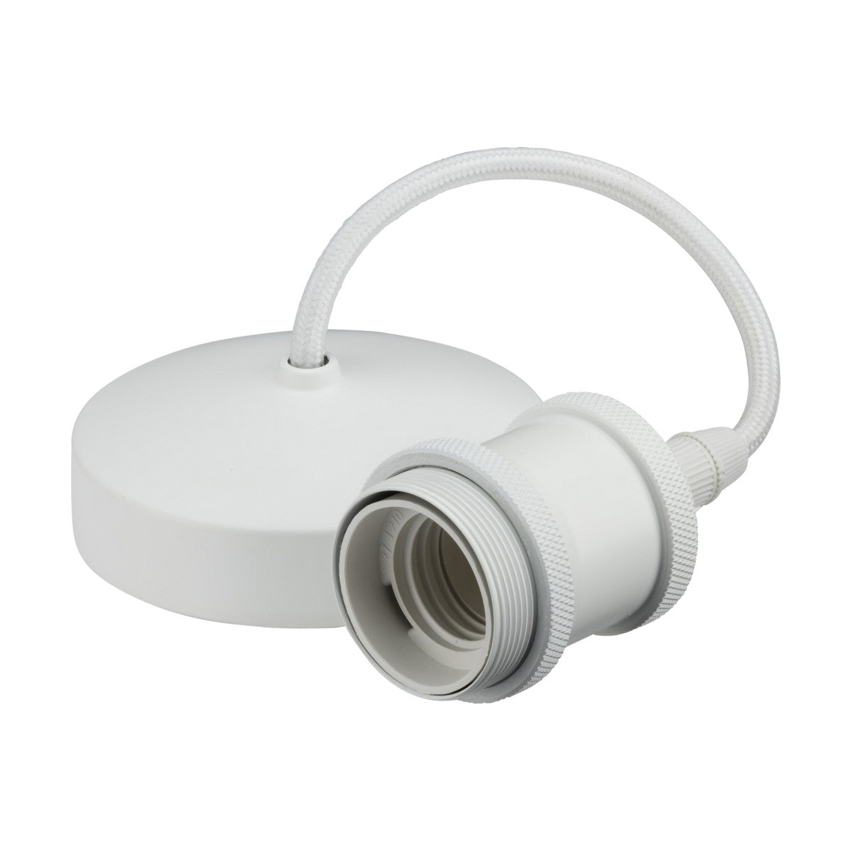 The 6" ES Vintage Pendant Set in Matt White features a vintage-style metal pendant light with a round ceiling rose and braided cable. This elegant fixture, designed for an E27 lamp base, gracefully hangs against a plain background, adding a timeless touch to any space.