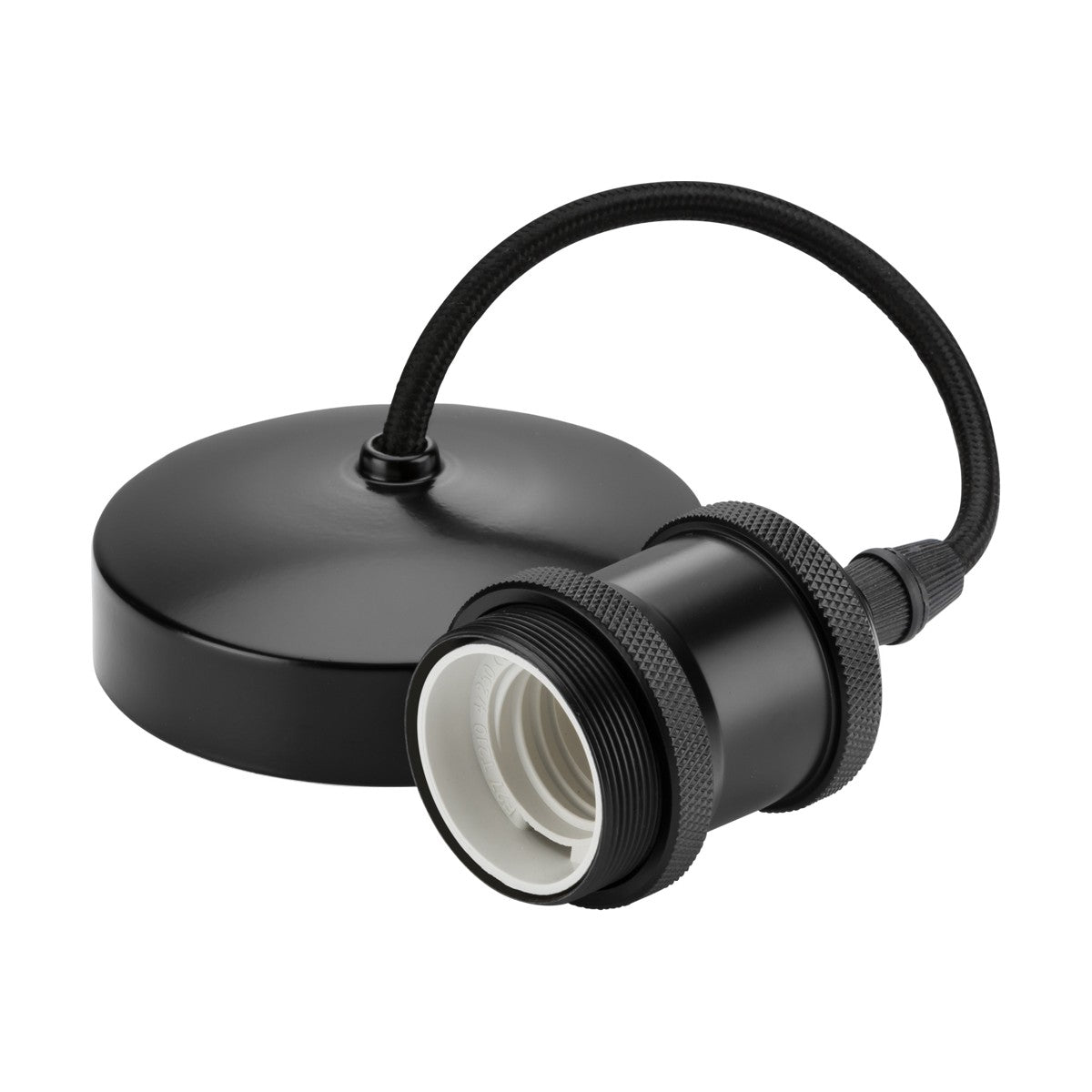 The 6" ES Vintage Pendant Set in Matt Black boasts a vintage-style design, featuring a round base and flexible cord, leading to a bulb socket with an E27 lamp base, specifically crafted for ceiling installation.