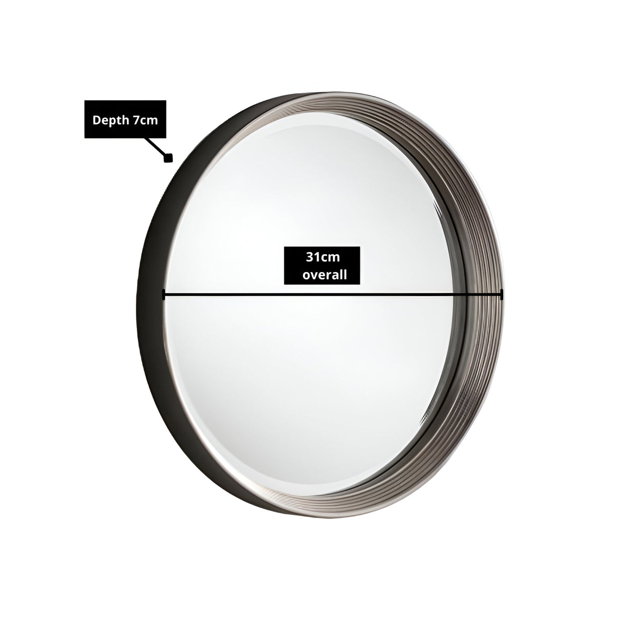 The Opaluxe Circle Wall Mirror Black & Silver - 31cm boasts a ribbed frame with a sleek black and silver finish. Measuring 31 cm wide with a depth of 7 cm, it offers contemporary elegance and stands out beautifully against a crisp white background, enhancing any living space.
