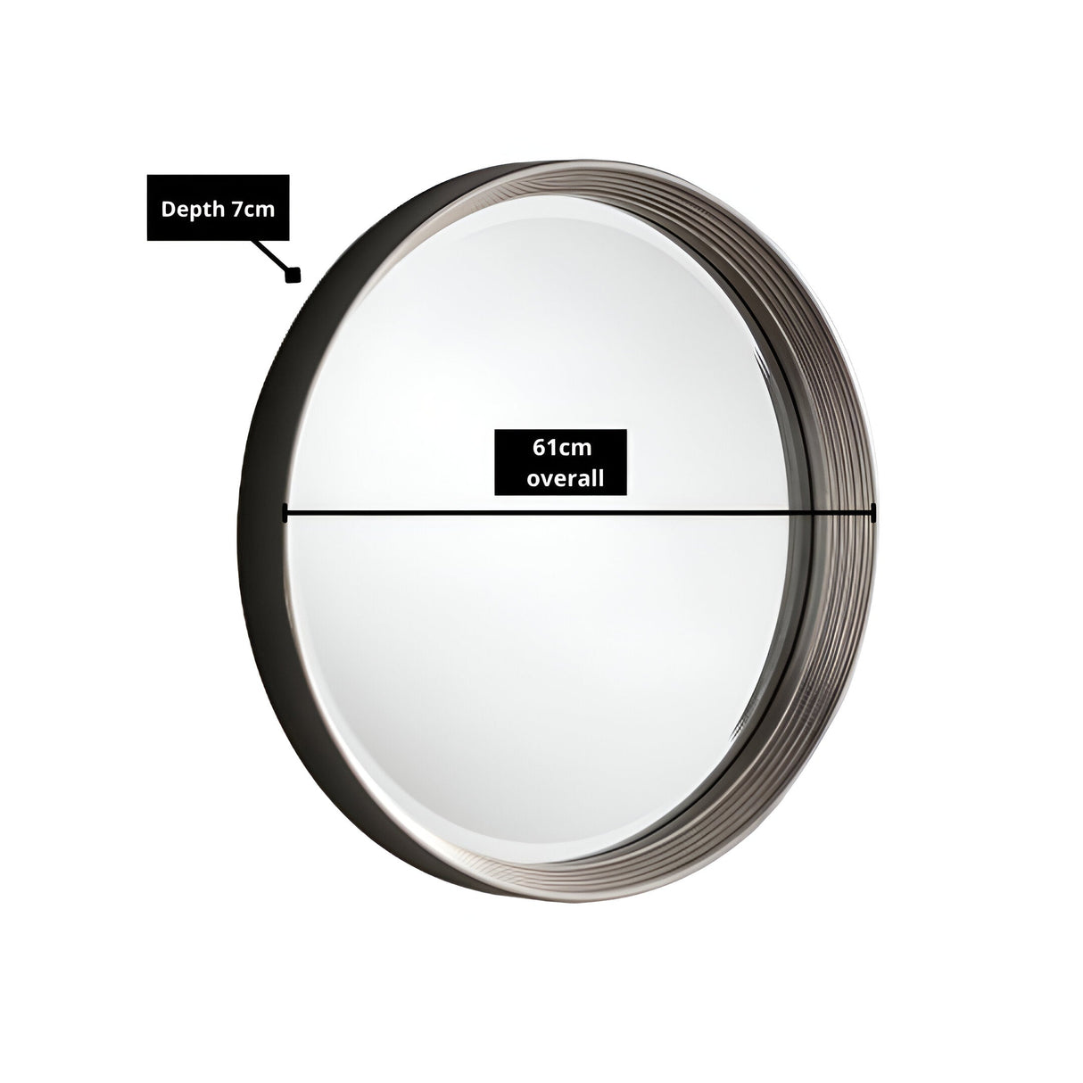 The Solune Circle Wall Mirror Black & Silver - 61 cm features a modern ridged frame. It showcases sleek contemporary design with a frame depth of 7 cm, embodying modern aesthetics.