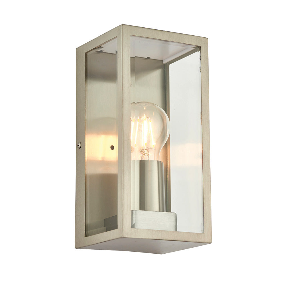 Endon Castwick box lantern wall light in brushed silver steel with clear bevelled glass panels and a single E27 filament bulb, on a white background.