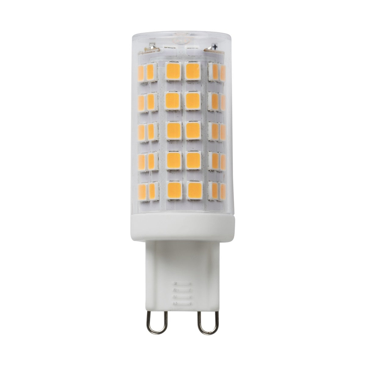 The 4W Dimmable G9 LED Capsule Bulb - 2700K is an ideal dimmable LED option, showcasing small, equally spaced yellow LED chips within a clear plastic casing. This warm white bulb is an excellent replacement for G9 halogen bulbs and comes with a bi-pin connector at the base.