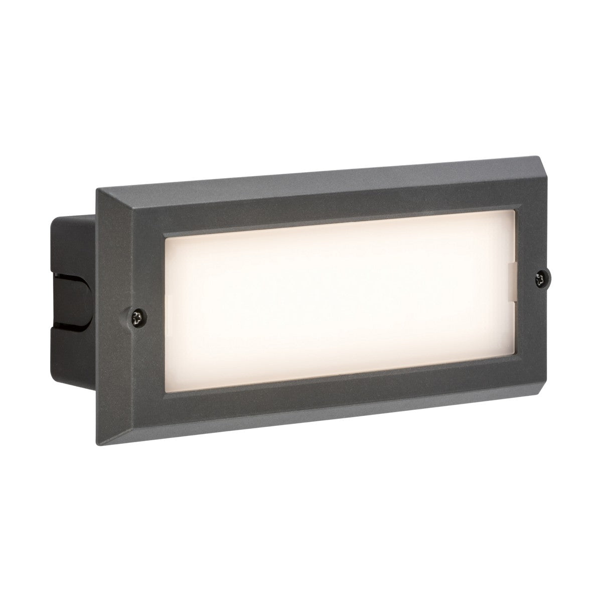 The BL5 Bricklight Accessory Kit - Grey is a rectangular wall light with a sleek, modern design. It features a dark gray frame and frosted glass panel that emits soft, diffused light. Ideal for indoor or outdoor use, this fixture suits accent or pathway lighting and allows easy bricklight conversion.