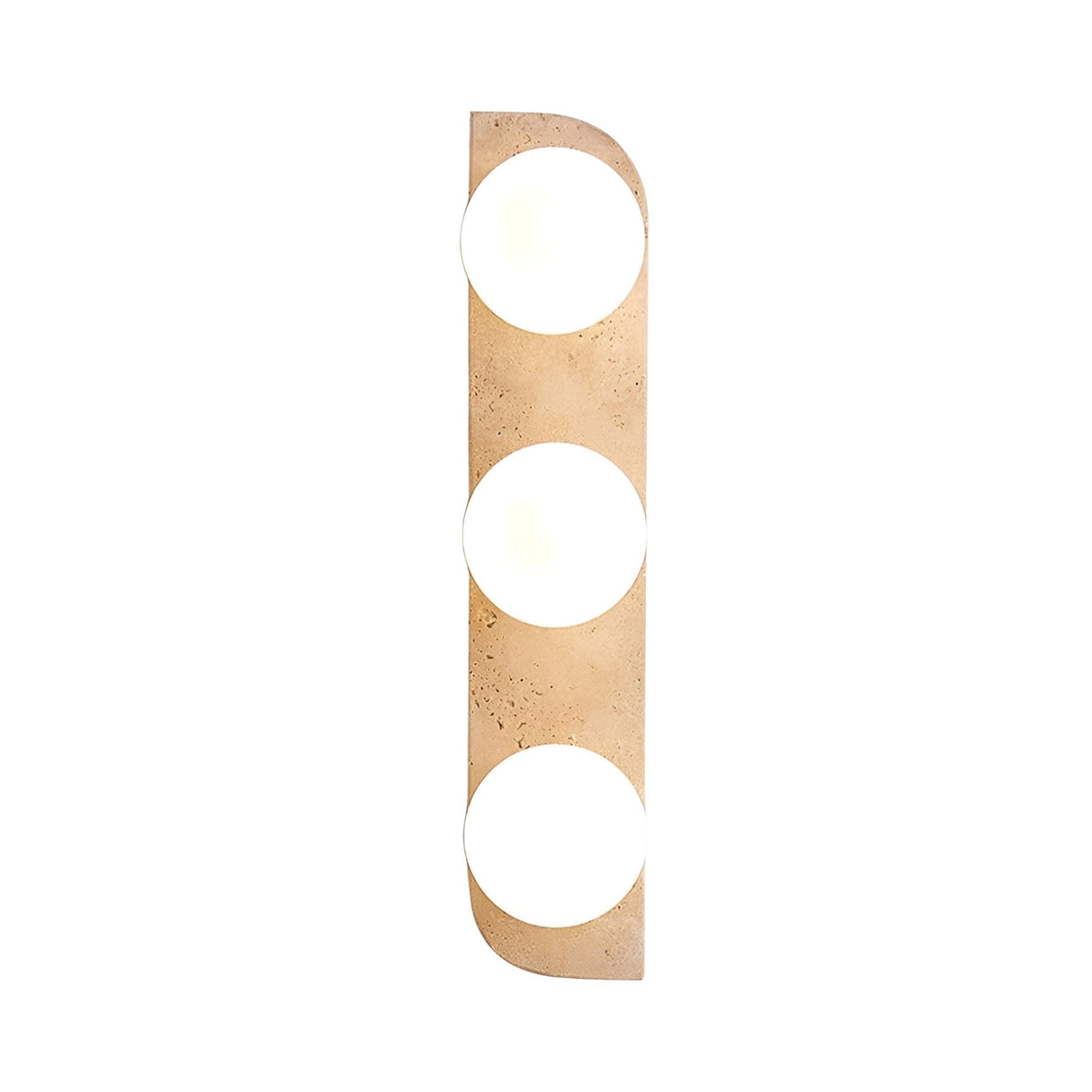 The Virella 3 Light Vertical Travertine Wall Light in light beige features three evenly spaced cutouts glowing with bright white light, creating a layered ambient effect against a plain white background.