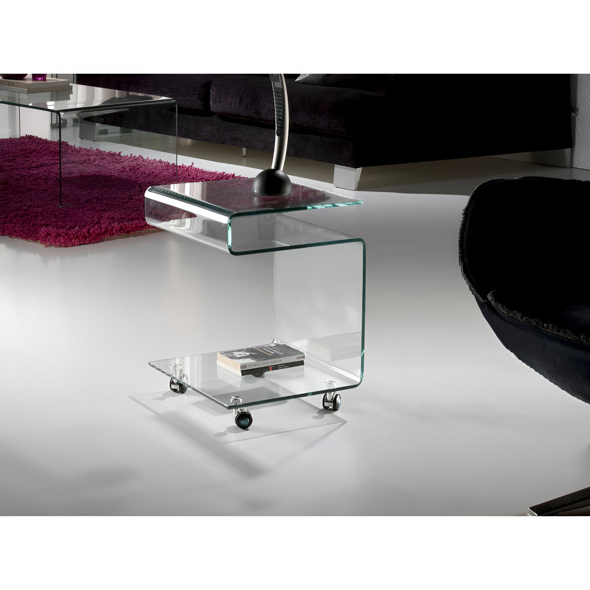 Glass Square Side Table With Wheels – Transparent