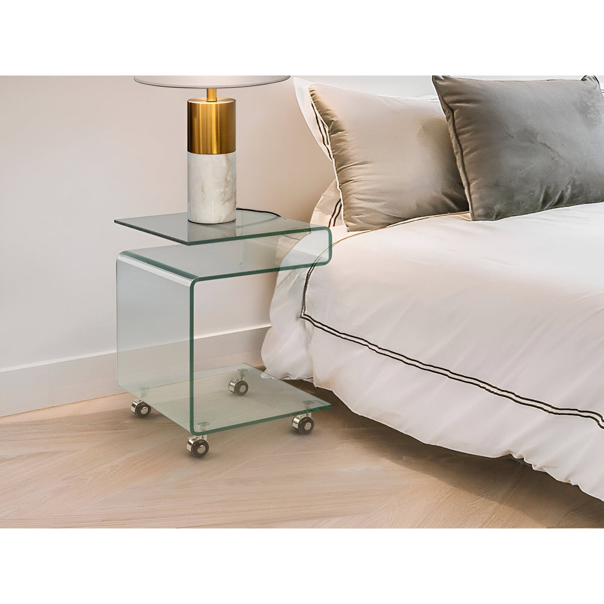 Glass Square Side Table With Wheels – Transparent