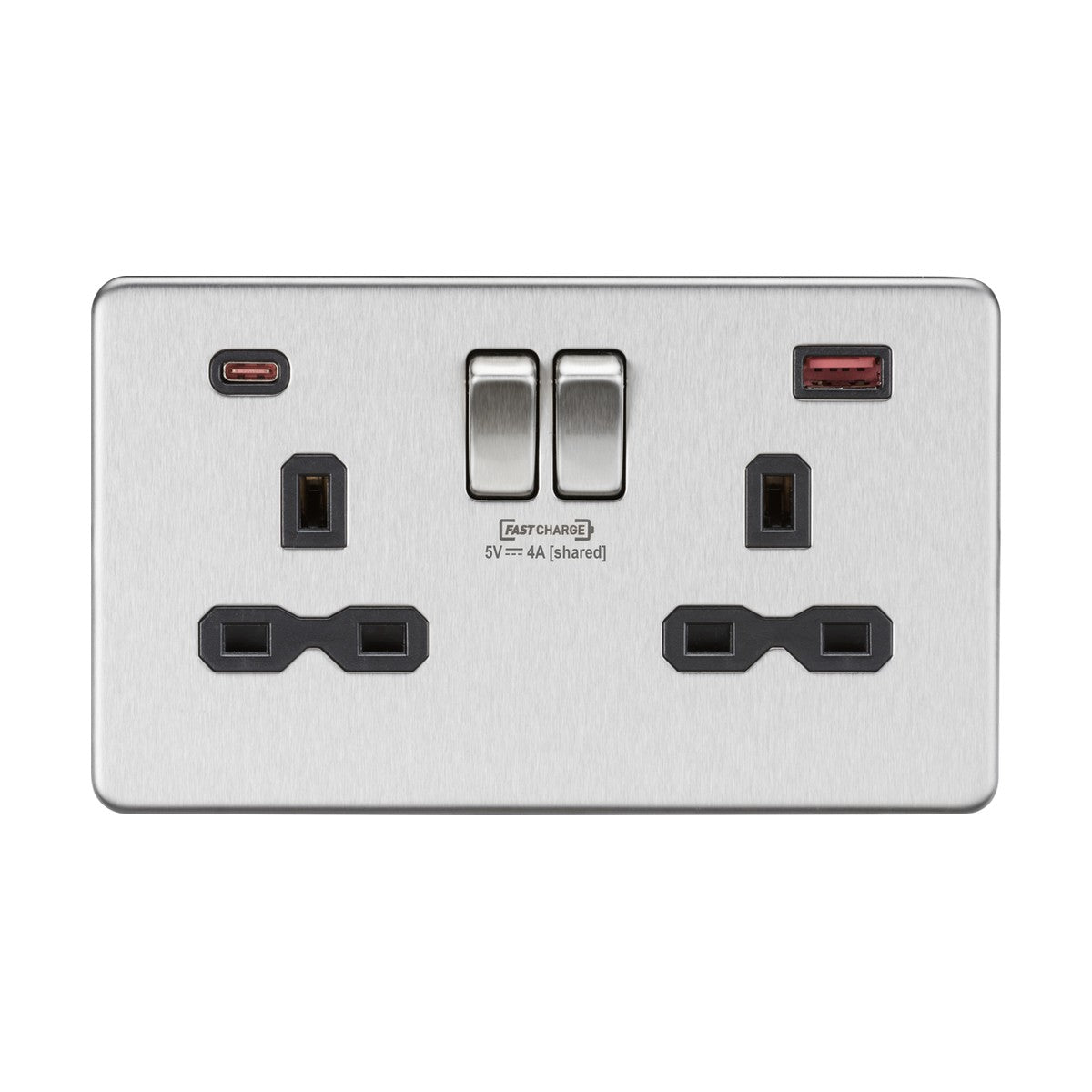 13A 2 Gang DP Switched Socket With Dual USB - Brushed Chrome With Black Insert