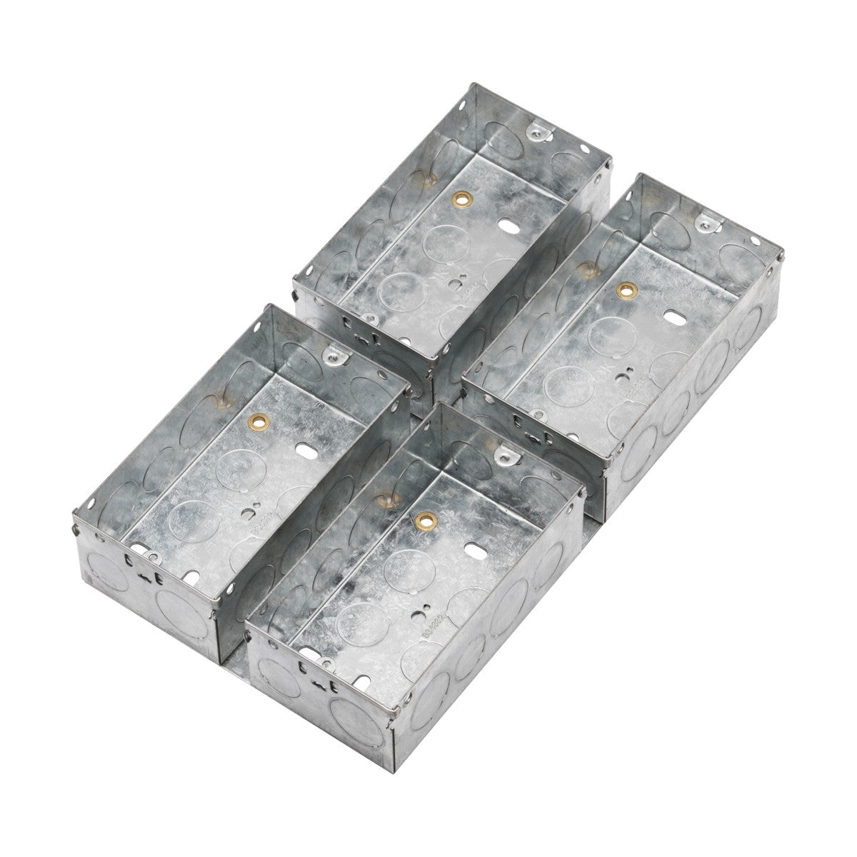 Four 47mm Galvanised Steel Boxes for Combination Multimedia Plates are arranged in a square formation. Each box includes multiple circular knockouts on its sides for cable entry, complying with EN 60670 specification standards. Their silver finish enhances their sleek and durable design.