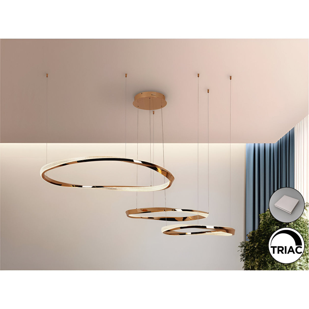 Orbitas Dimmable LED 3-Rings Circular Suspension Light 103W 3000K - Rose Gold
