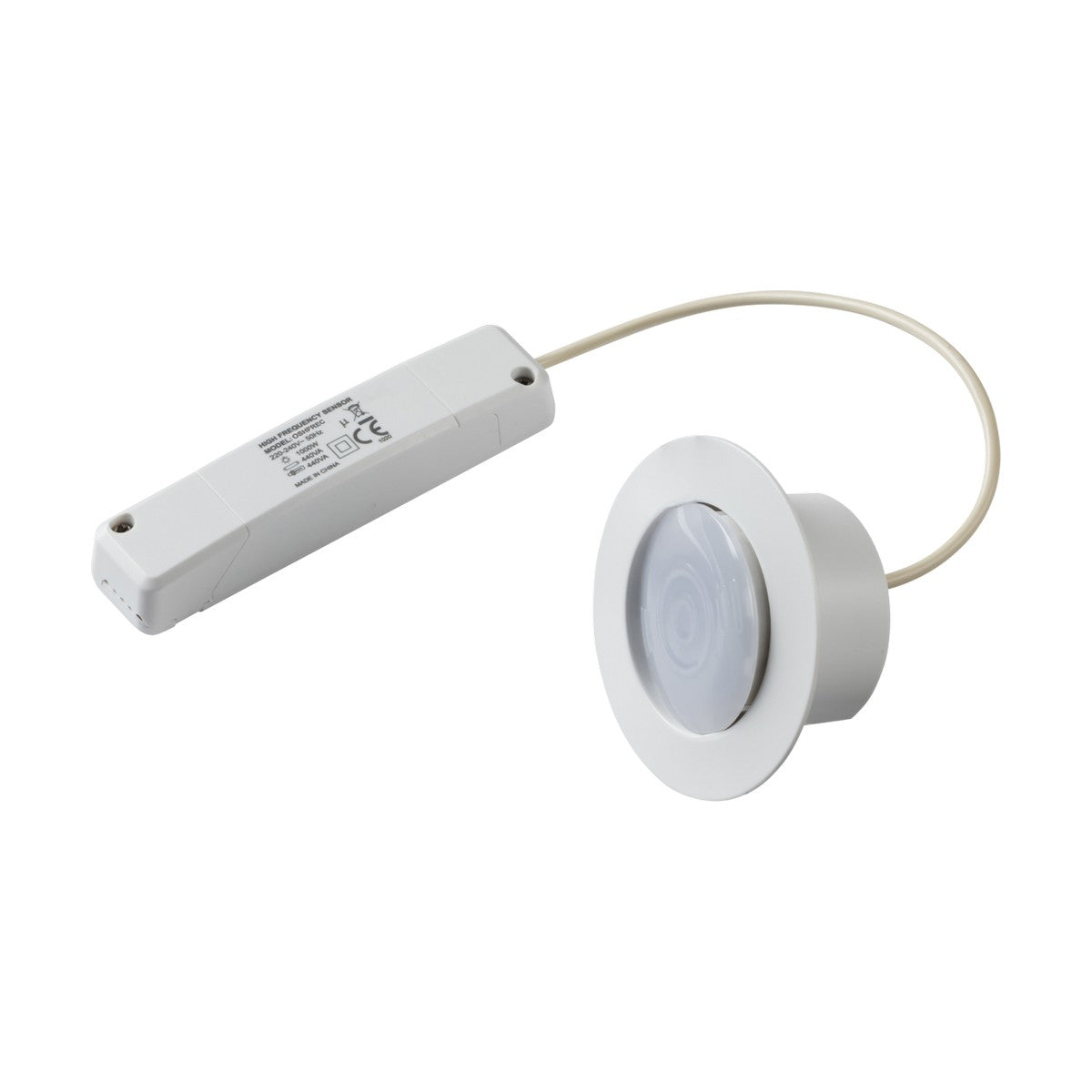 The Recess Mount HF Motion Sensor is a white, ceiling-mounted device with a round base, designed for recess mounting. It connects via cable to a rectangular power control unit that operates at 230V 50Hz.