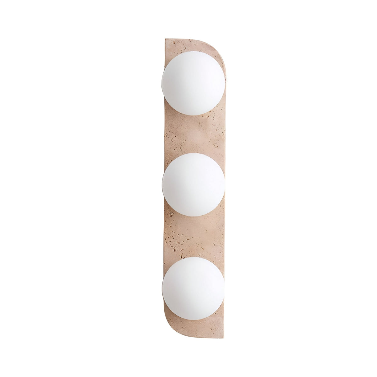 The Virella 3 Light Vertical Travertine Wall Light in light beige features a rounded rectangular base and three evenly spaced white globe bulbs, perfect for adding modern layered ambient lighting to any space.