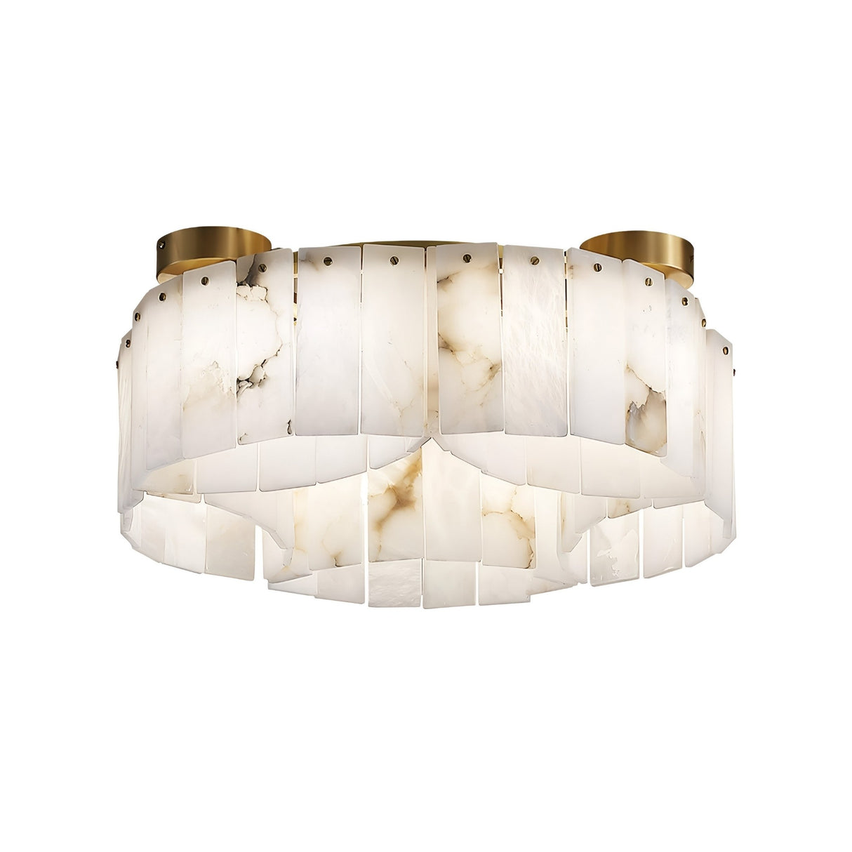 The Caldrisa 10 Light Layer Panel Alabaster Ceiling Semi-Flush Light features a modern round design with marble-patterned alabaster panels and soft white & brass accents.