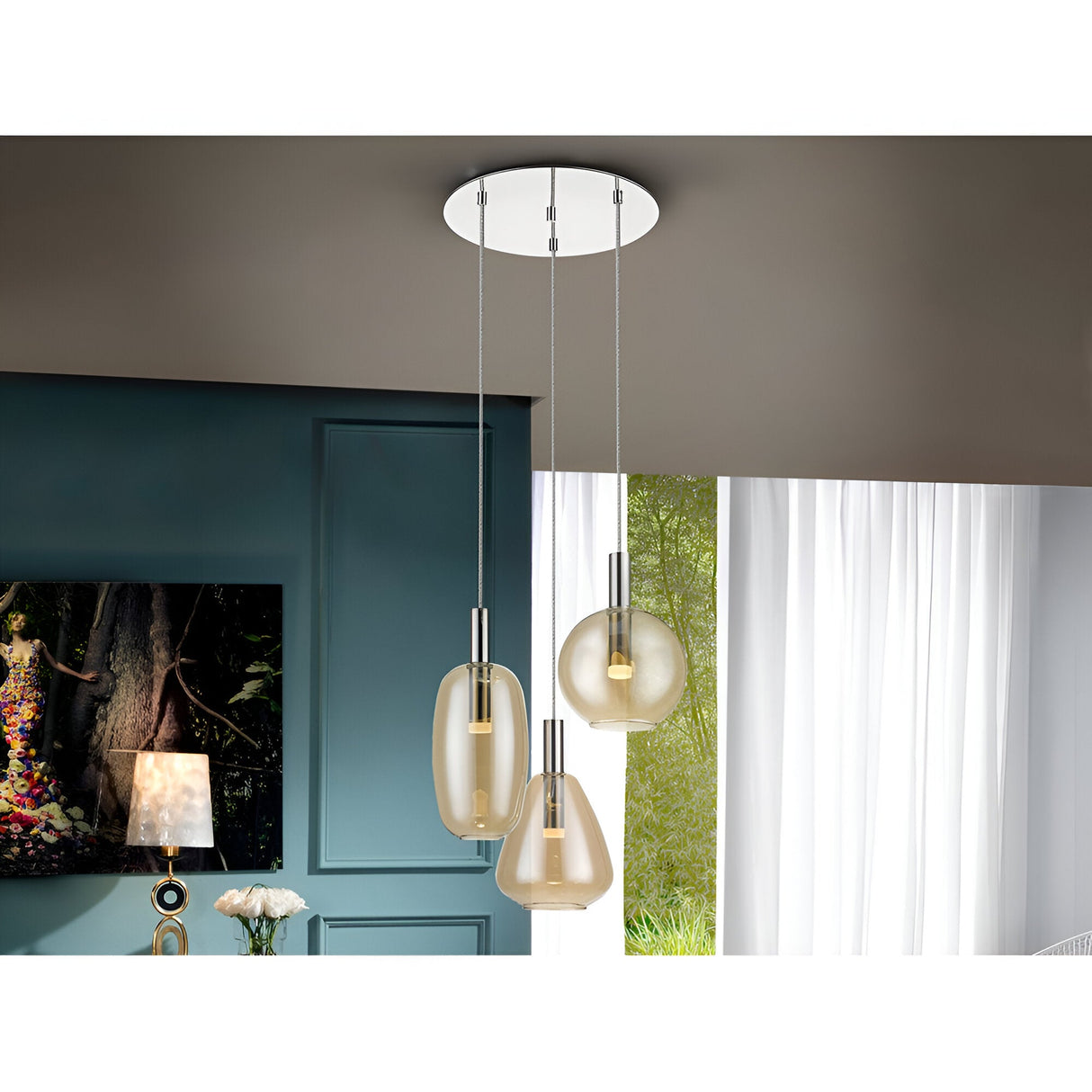 I3-Nara 3 Light LED Glass Cluster Pendant Light 15W 3000K - Amber/Transparent