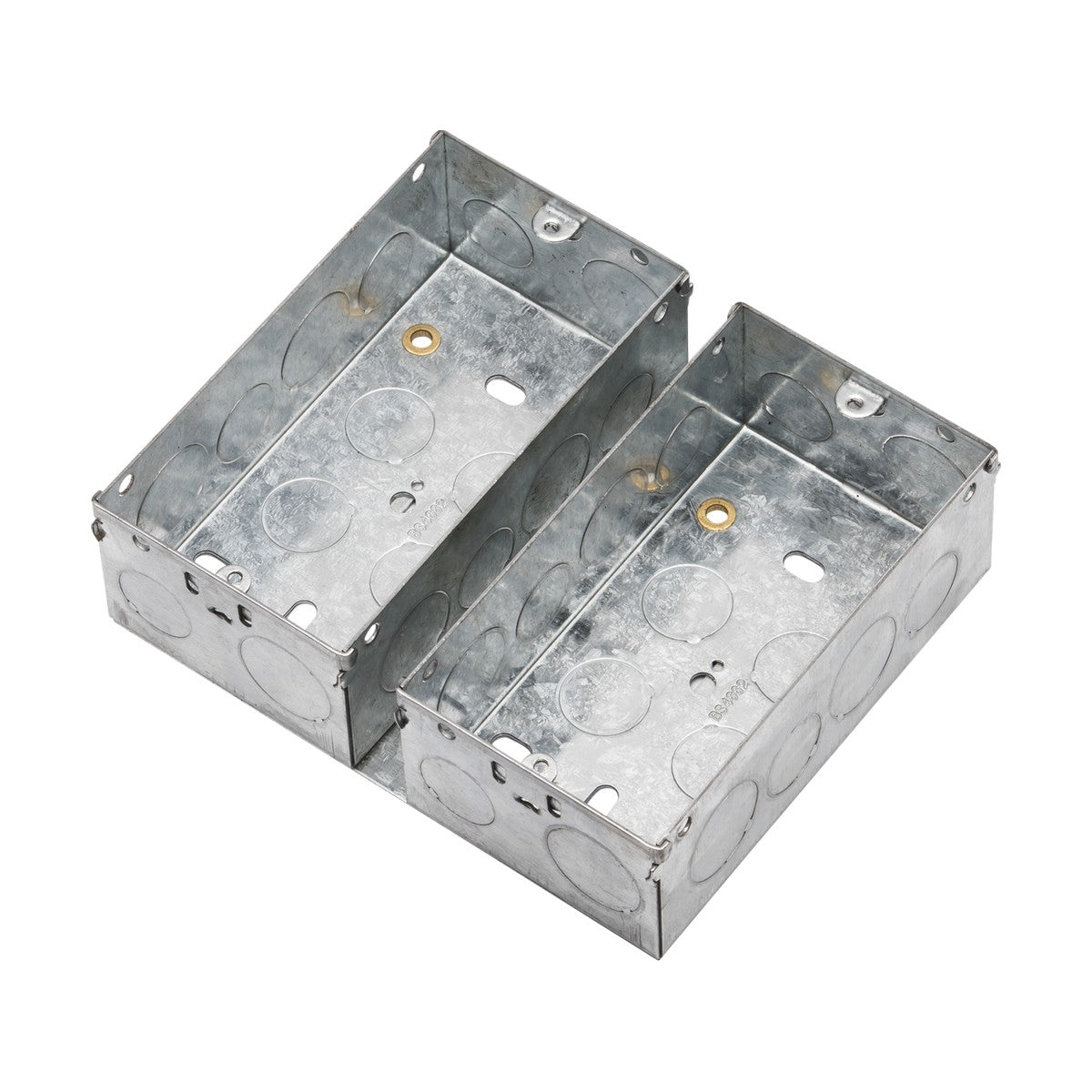 Two 47mm galvanized steel boxes for small combination multimedia plates are rectangular and feature multiple circular knockouts on the sides. They are slightly staggered with small holes designed to securely house electrical connections, and they comply with EN 60670 Specification standards.