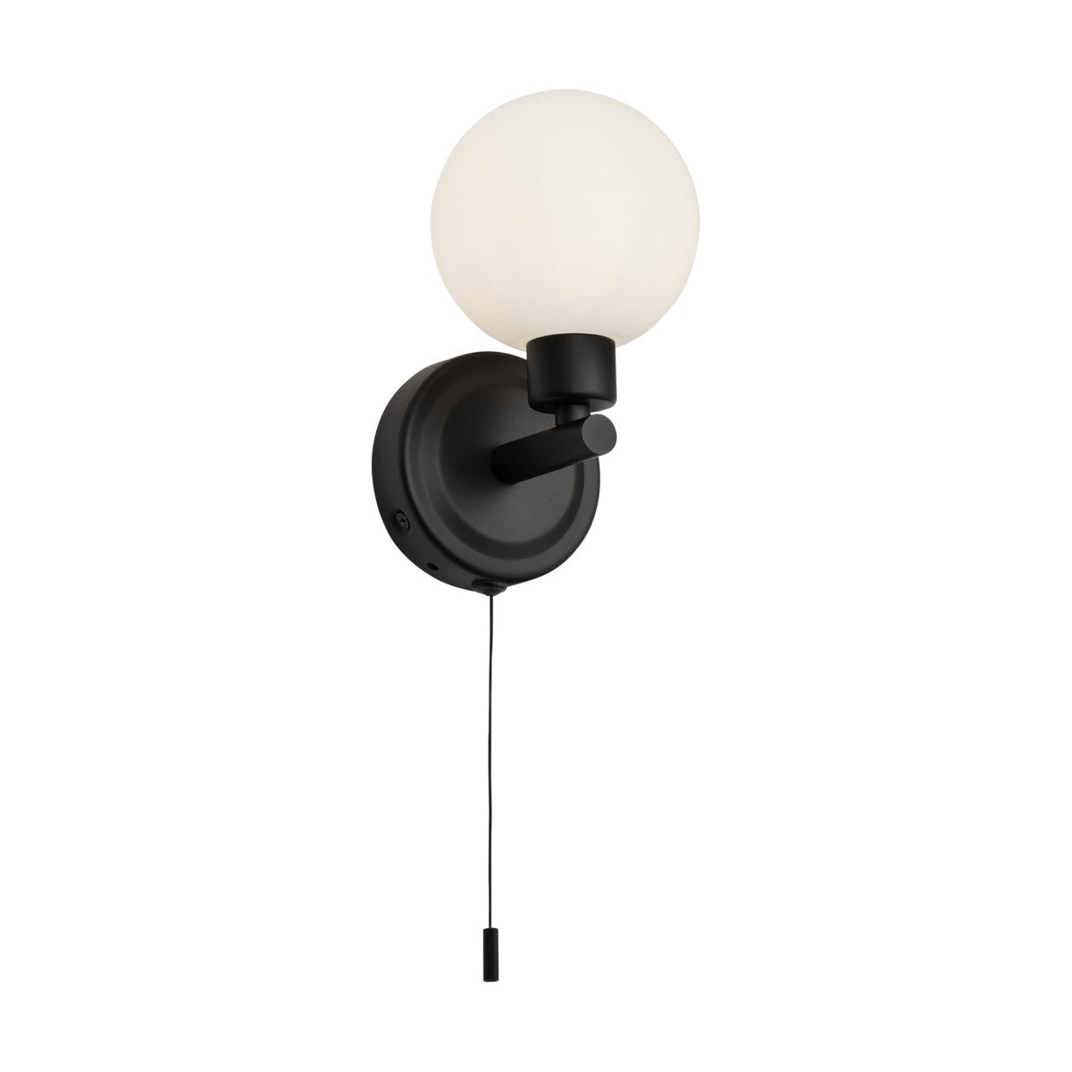 The Globe Bathroom Wall Light in Matt Black is a minimalist wall lamp featuring an opal glass orb shade and a sleek metal base. It includes a convenient pull cord for easy operation, offering a modern and functional design ideal for IP44 bathroom light applications.