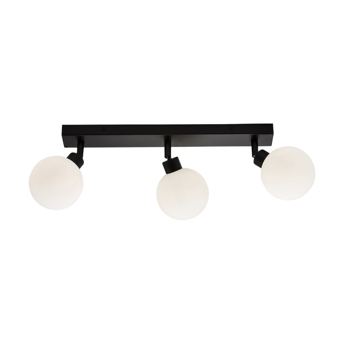 The Globe Bathroom Bar Spotlight - Matt Black features three opal glass orbs mounted on a rectangular, matt black metal bar. Each globe is evenly spaced, projecting a modern and minimalist design reminiscent of a G9 spotlight setup.