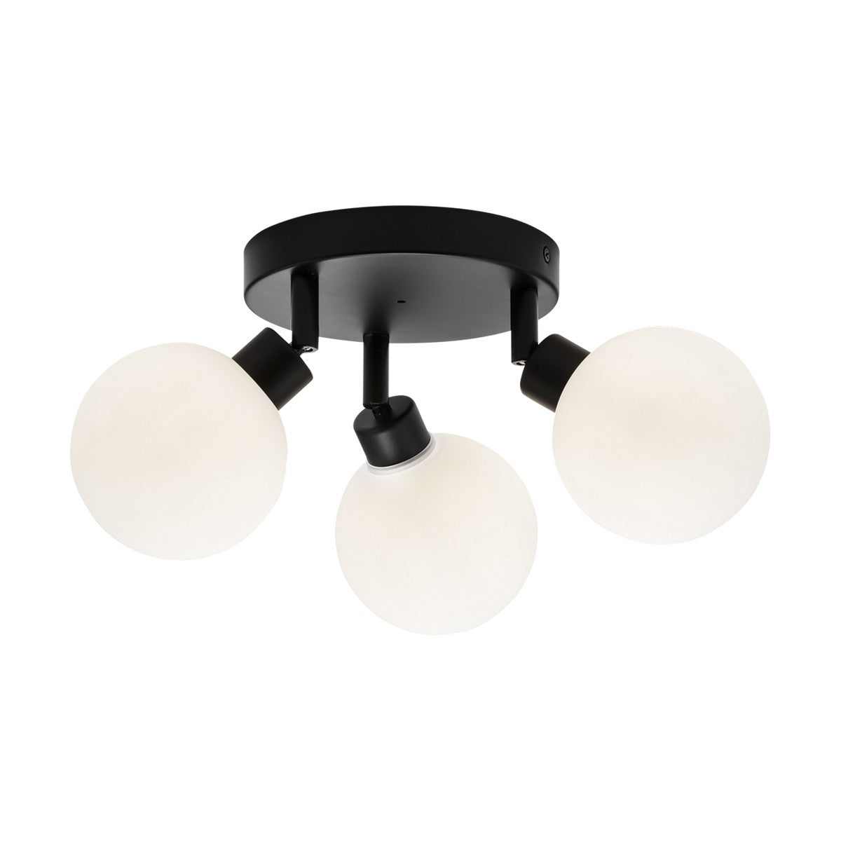 The Globe Bathroom 3 Light Spotlight - Matt Black features a modern design with three opal glass orbs arranged on a matt black circular base. The evenly spaced orbs, angled outward, offer a sleek and contemporary aesthetic that radiates sophistication.