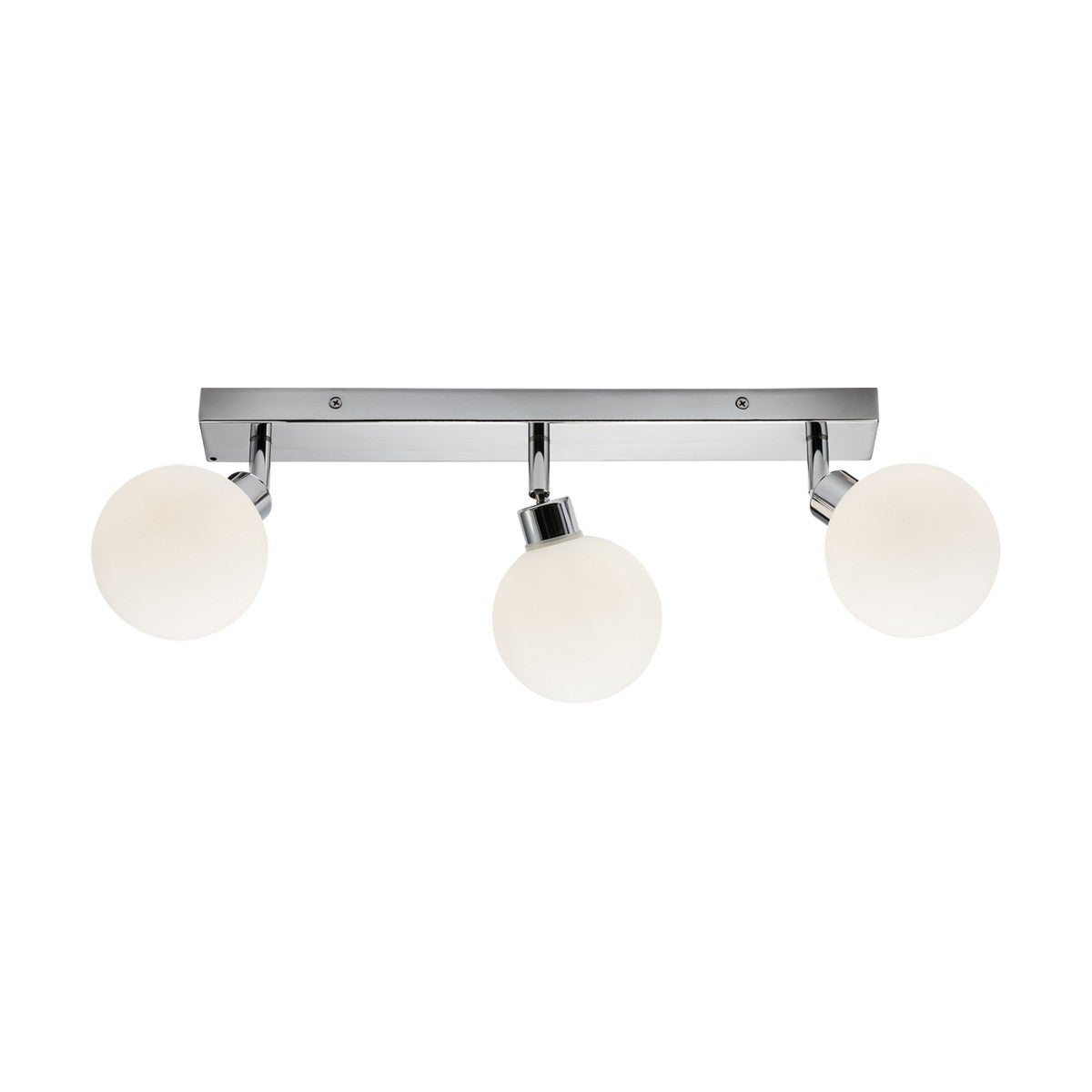The Globe Bathroom Bar Spotlight - Chrome is a contemporary ceiling light fixture featuring opal glass orbs and a polished chrome finish, designed with three white spherical lampshades affixed to a sleek silver rectangular base for even lighting in modern interiors.
