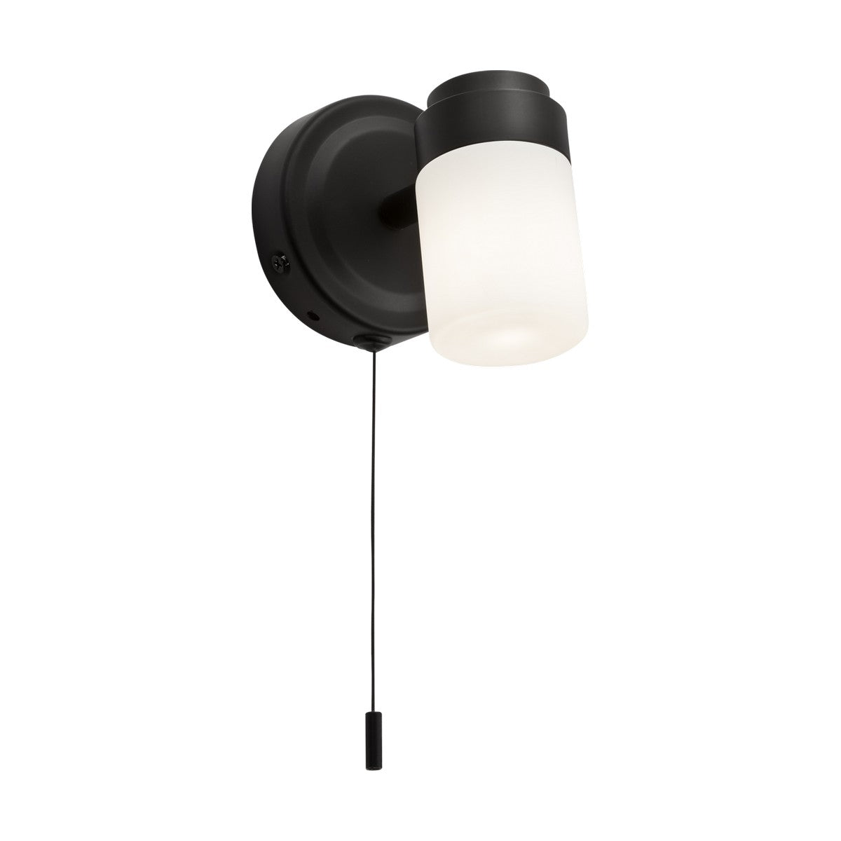 The Bathroom Wall Light, Frosted Glass - Matt Black showcases a sleek, minimalist design with an IP44 rating. It features a cylindrical white shade paired with a frosted glass diffuser and a matt black mount. The fixture is equipped with a convenient pull cord, seamlessly combining functionality and style.