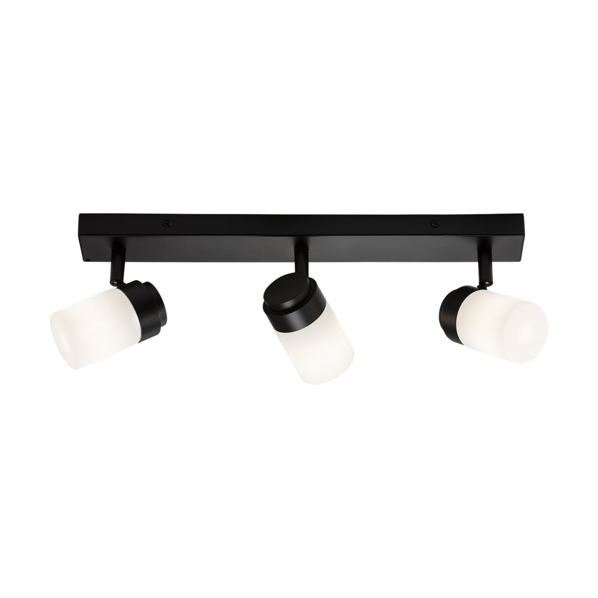 The Bathroom Bar Spotlight in matt black showcases a modern design with three adjustable spotlights, each featuring a cylindrical frosted glass shade. These lights are evenly arranged along a linear base against a plain white backdrop.