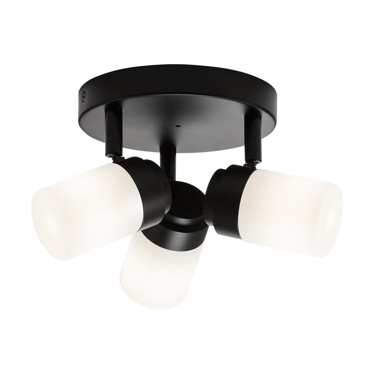 Matt black bathroom triple spotlight with frosted glass and three adjustable cylindrical white shades for soft, even light. This modern fixture is perfect for versatile illumination in various room settings.