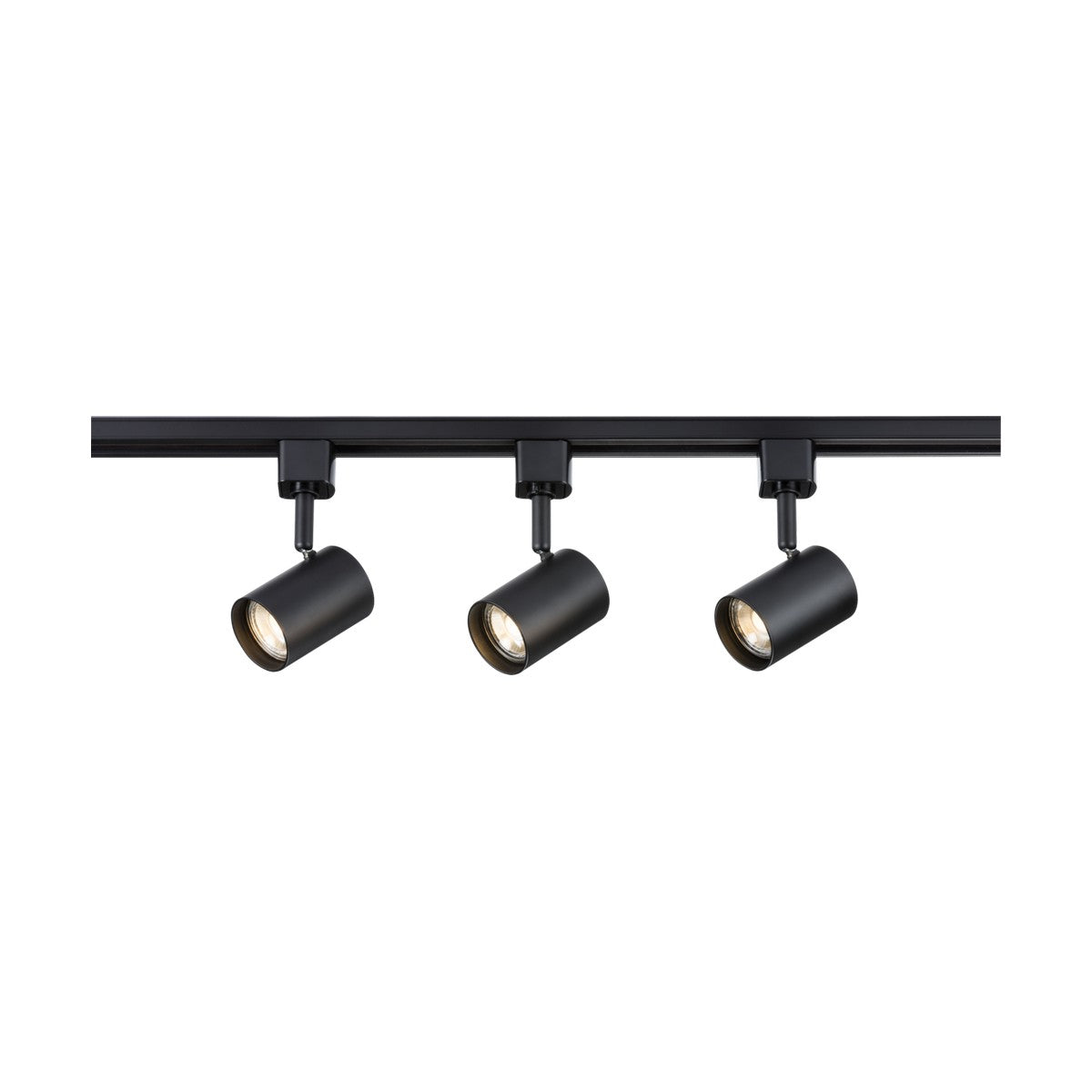 Three black finish adjustable tracklights from the Track Lighting Kit 1m - Black (TRKIT8ABK) mounted on a rail against a white background, use GU10 spotlight technology. They face downward, are evenly spaced, and emit a warm glow.