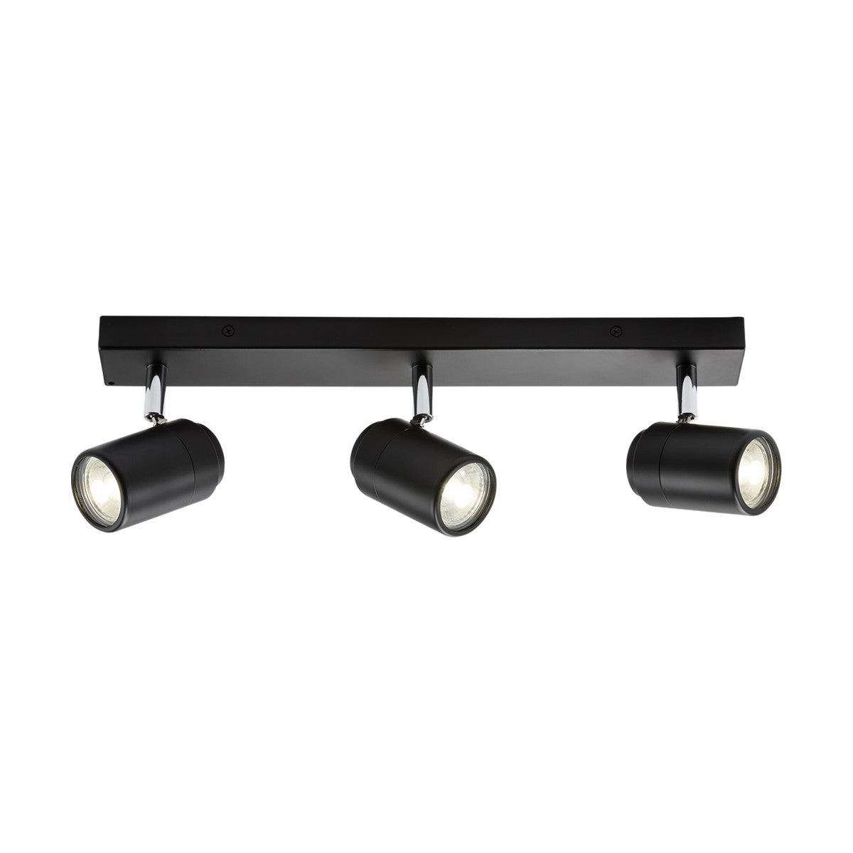 The Bathroom Triple Bar Spotlight in a matt black finish includes three adjustable cylindrical spotlights on a rectangular base. With its IP44 spotlight design, the lights illuminate brightly with a forward glow.