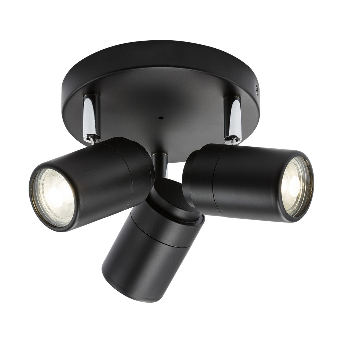 The Bathroom Triple Spotlight - Matt Black is a modern ceiling fixture with adjustable cylindrical spotlights pointing in various directions, mounted on a sleek round base.