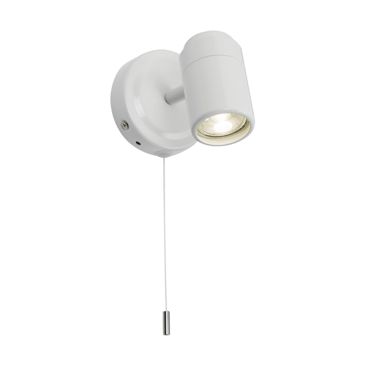 The Bathroom Single Wall Spotlight in matt white features a wall-mounted circular base and cylindrical light fixture with an adjustable head for directing its beam. It includes a vertically hanging pull cord for operation and, when turned on, emits a bright beam.