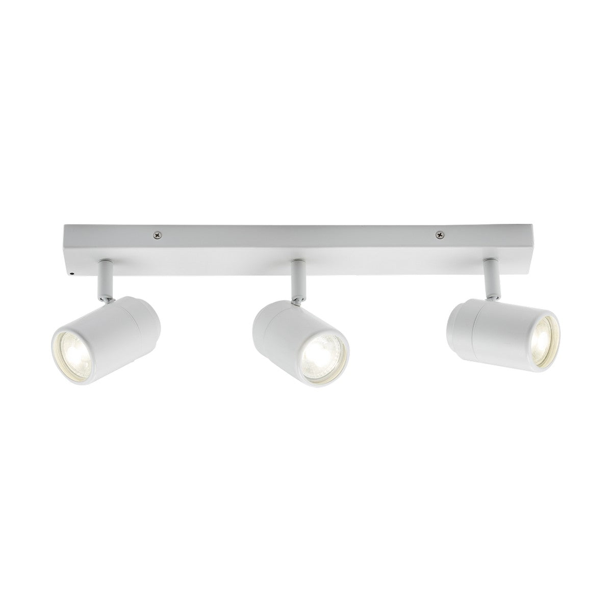 Introducing the Bathroom Triple Bar Spotlight in Matt White, a contemporary ceiling light fixture with three adjustable cylindrical LED spotlights on a rectangular base. The IP44-rated design ensures durability, and the spotlights are evenly positioned to provide focused illumination.