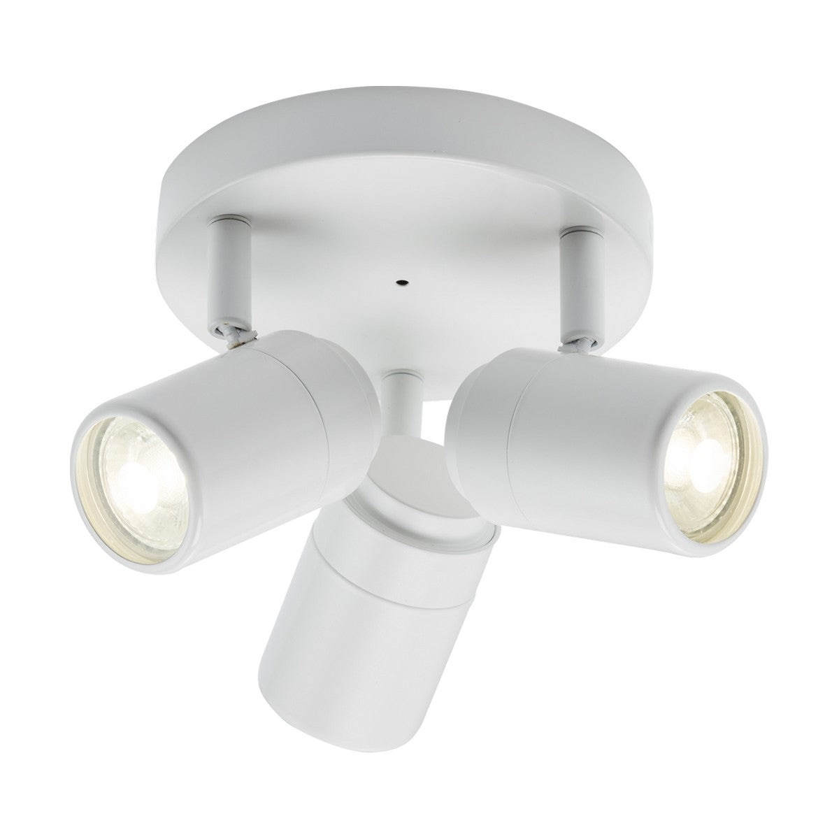 Introducing the Bathroom Triple Spotlight in Matt White, a contemporary ceiling light fixture featuring three adjustable head spotlights. Set on a round base, these GU10 spotlights allow you to direct light as needed. This fixture enhances any space with its sleek and minimalistic design.