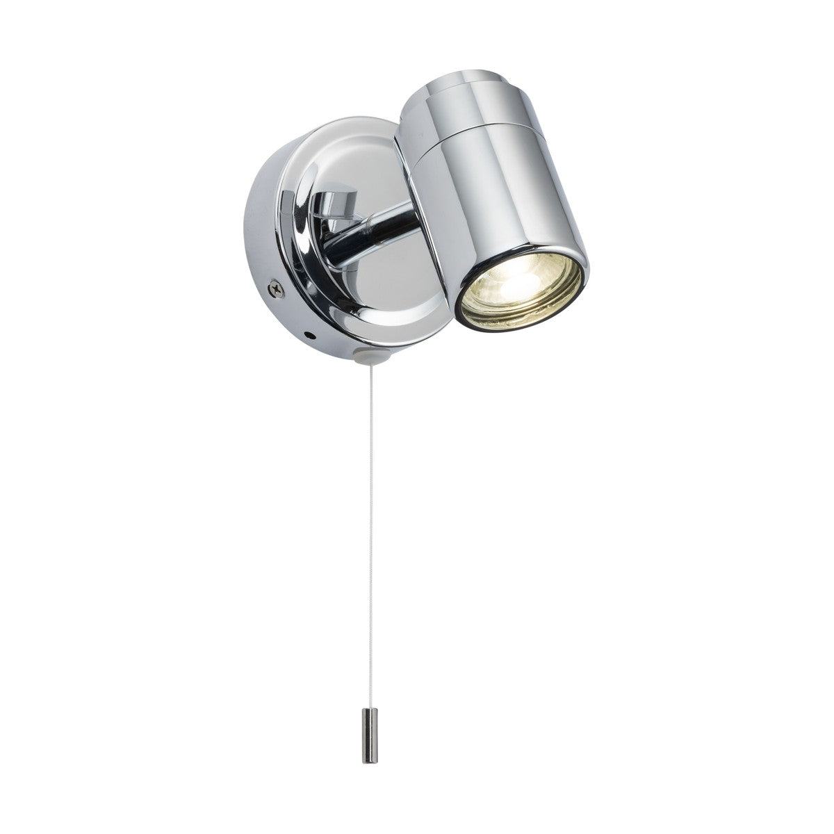 Bathroom Single Wall Spotlight - Chrome features a polished chrome finish with a wall-mounted, cylindrical design and a convenient pull-cord switch. This GU10 fixture offers modern simplicity and elegance, making it ideal for any contemporary setting.
