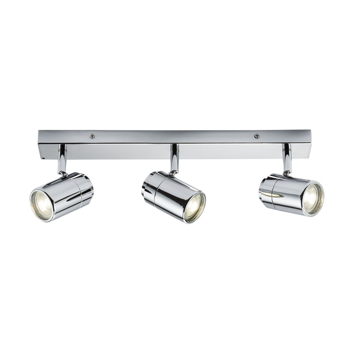 Bathroom Triple Bar Spotlight - Chrome, features three adjustable cylindrical heads and a sleek rectangular base compatible with GU10 spotlight bulbs.