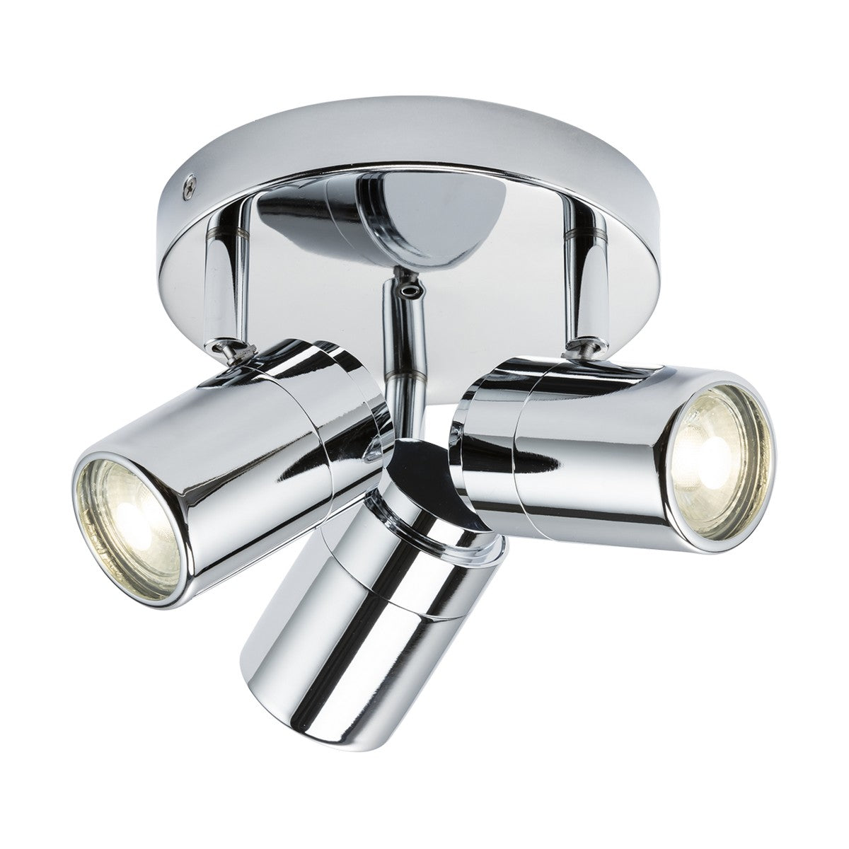 Introducing the Bathroom Triple Spotlight - Chrome: a contemporary fixture featuring three adjustable cylindrical lights with an IP44 rating. Its sleek polished chrome finish and circular base make it an ideal choice for modern interiors.